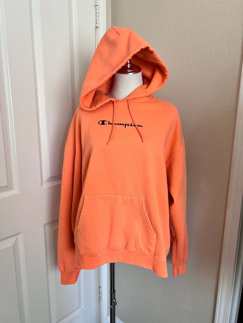 Champion Eco Authentic Salmon Orange Pullover Hoodie with Sleeve Logo Size XL